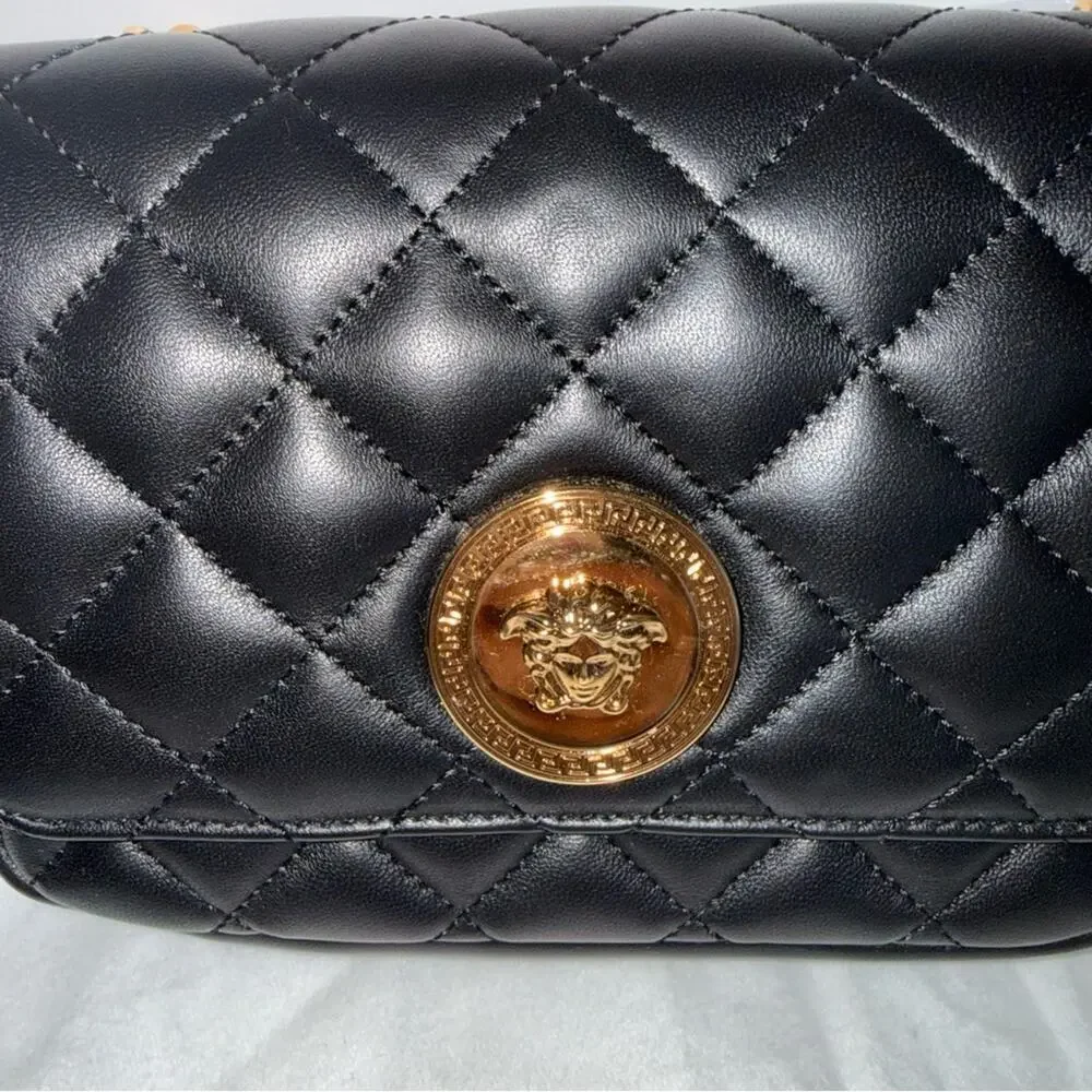NWT VERSACE Medusa luxury black calfskin quilted gold hardware mini shoulder bag